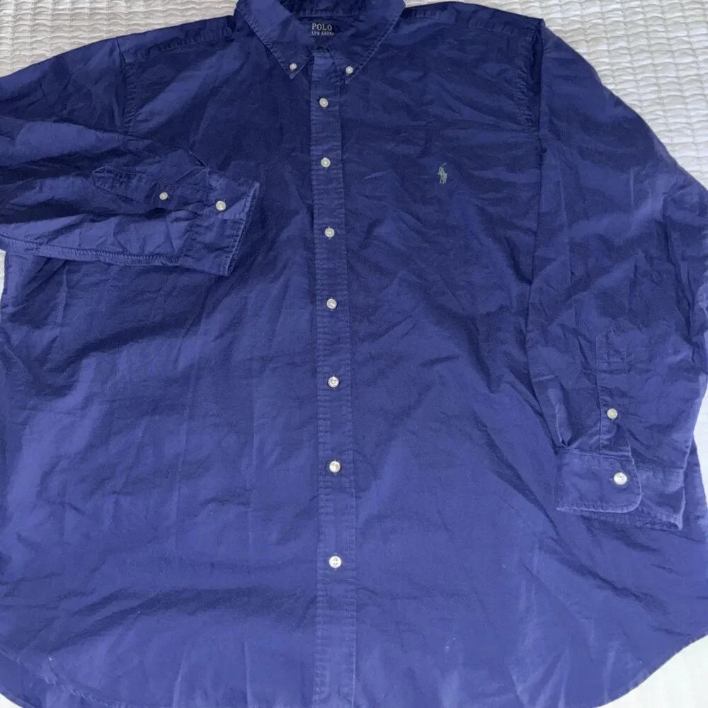 Polo Ralph Lauren Shirt Mens 2XLB Blue Button Up Indigo Green Pony Cotton